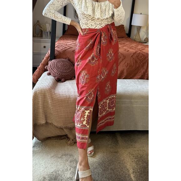 Vintage 90’s Liz Claiborne Size 12 100% Cotton Red Paisley Beaded Wrap Maxi - Picture 6 of 10